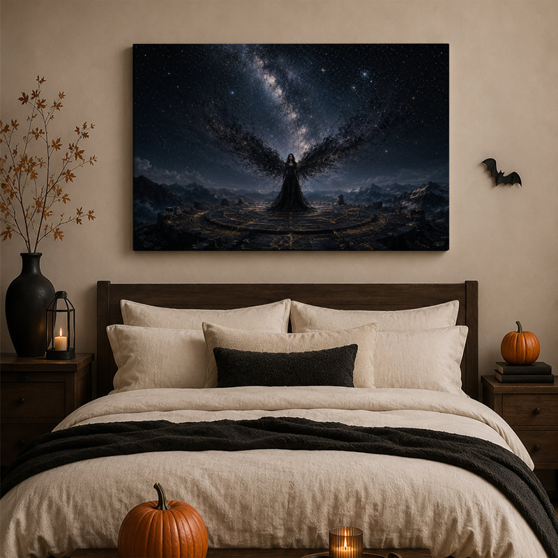 Tableau sur toile d'Halloween représentant une figure ailée foncée sur un cercle de pierres et des runes dorées