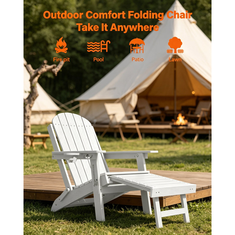 Foldable Adirondack Chair with Retractable Ottoman, Cup Holder All Weather Outdoor HDPE Adjustable Paio Chair for Lawn, Poolside, Fire pit, White