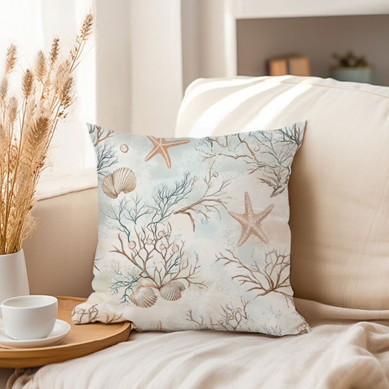 Housse de coussin de plage et de côtes, Carré 16 po, Beige / bleu nautique / plage 16