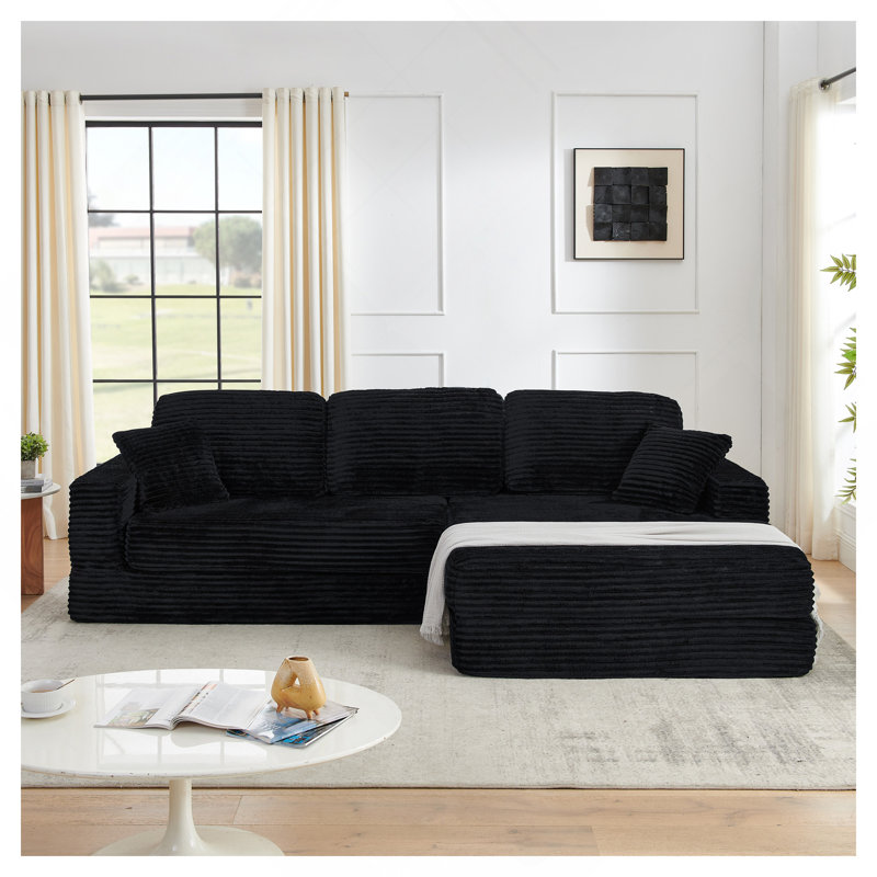 Right Sofa Seat,L Shape Modular Sectional Sofa, Compressed Sectional Sofa Modern Minimalist Style Corduroy Couch,Unfold Into A Bed, Bedroom, Comfy Compressed Sofa Couch Space-Efficient Design-Black