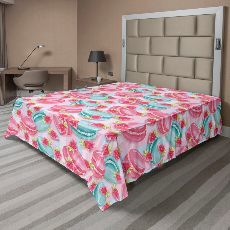Drap plat Ambesonne Birthday Macaroons Strawberries Art doux rose et bleu sarcelle pâle