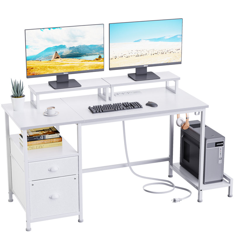  Computer Desk 47 in. with Power Outlets Gaming Desk with Drawer, 2 Monitor Stands, White/Rustic Brown, White, White