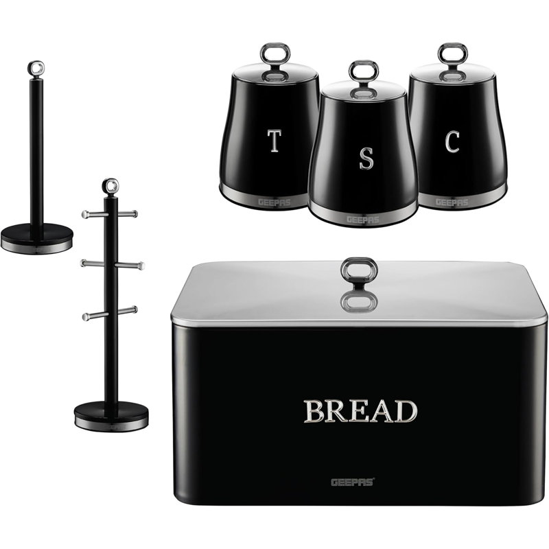 GEEPAS RetroVive Tea Coffee Sugar Canister, Bread Bin, Mug Tree & Towel Pole Set | 13L Bread Box 1.4L Airtight Canister Set | Carbon Steel Build Kitchen Counter Storage Space Saver