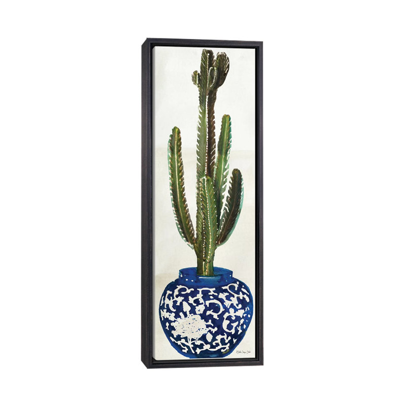«Cacti in Blue Pot II», impression panoramique sur toile, Toile avec cadre noir patiné, H 60 po x l 20 po x P 1,5 po
