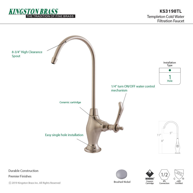 Robinet de filtration d'eau monocommande à 1 trou Kingston Brass Templeton, Nickel brossé