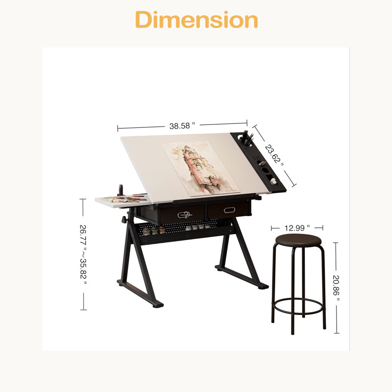Bureau de dessin réglable avec 2 tiroirs pour bureau à domicile et école avec tabouret