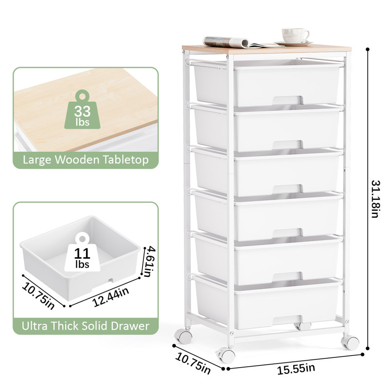 Rolling Storage Drawers with Wheels ,Utility Cart with 6 Large Drawers and Wooden Tabletop, White
