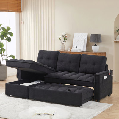 Pull-Out Sofa Bed with USB and tape-c charging ports, L-Shaped Sectional Sofa with Reclining Storage and Arm Side Organizer Pocket Features