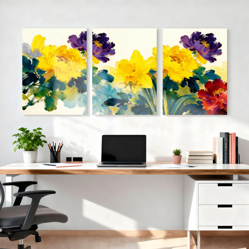 Tableau floral aquarelle sur toile tendue (lot de 3), H 36 po x l 72 po