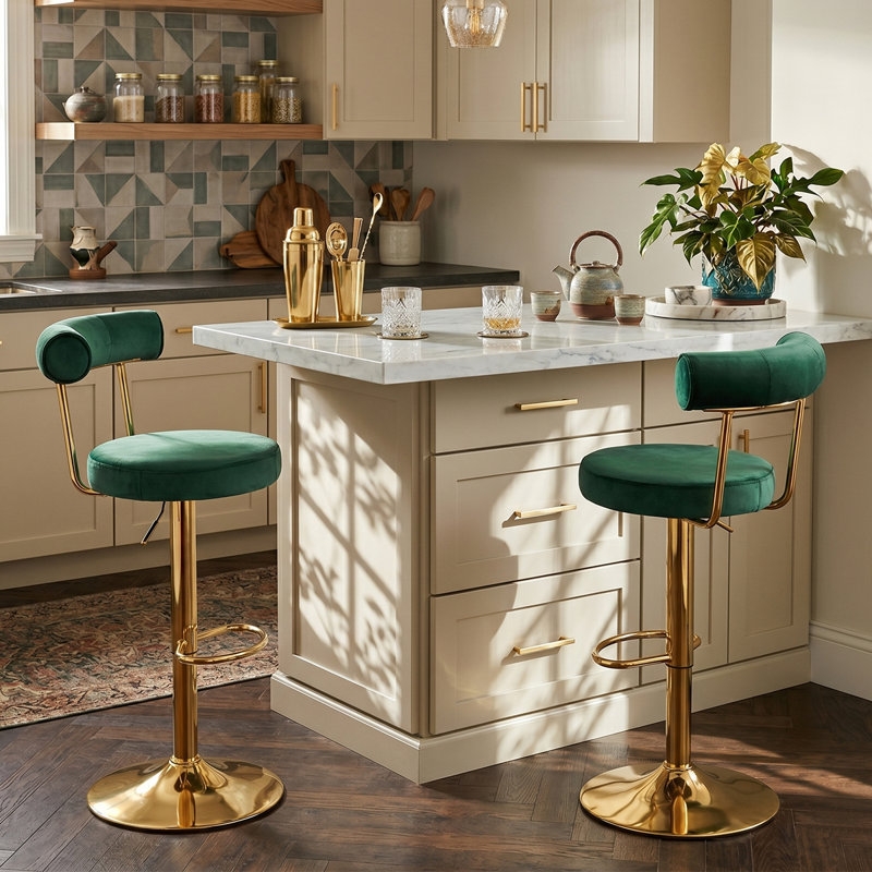 Tabourets de bar rotatifs réglables en velours moderne avec base en chrome doré, Vert