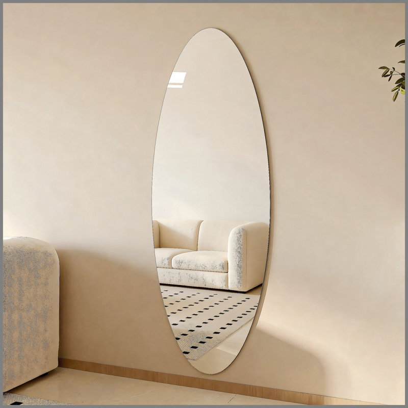 Miroir mural 63 po x 21 po moderne ovale pleine longueur, verre argenté sans cuivre HD, incassable et résistant à l'humidité, fixation verticale suspendue ou adhésive, chambre et salon