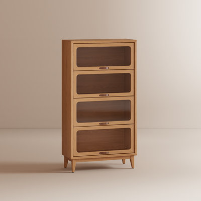 Solid Wood 4-Tier Flip-Top Glass Door Bookshelf Cabinet, Mid-Century Modern Display Storage Cabinet
