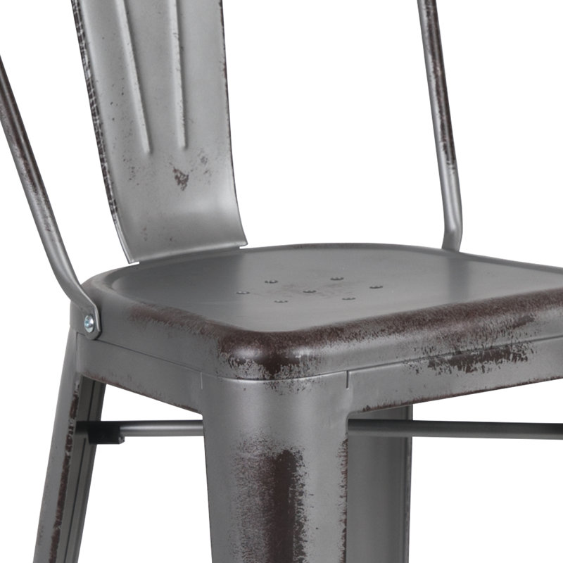 Commercial Grade Distressed Metal Indoor-Outdoor Counter Height Stool with Back, Grey, Bar Stool (30" Seat Height)