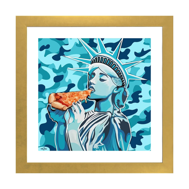 Liberty pizza-imprimé carré bleu, H 16 po x l 16 po x p 1 po, Papier encadré doré, Blanc