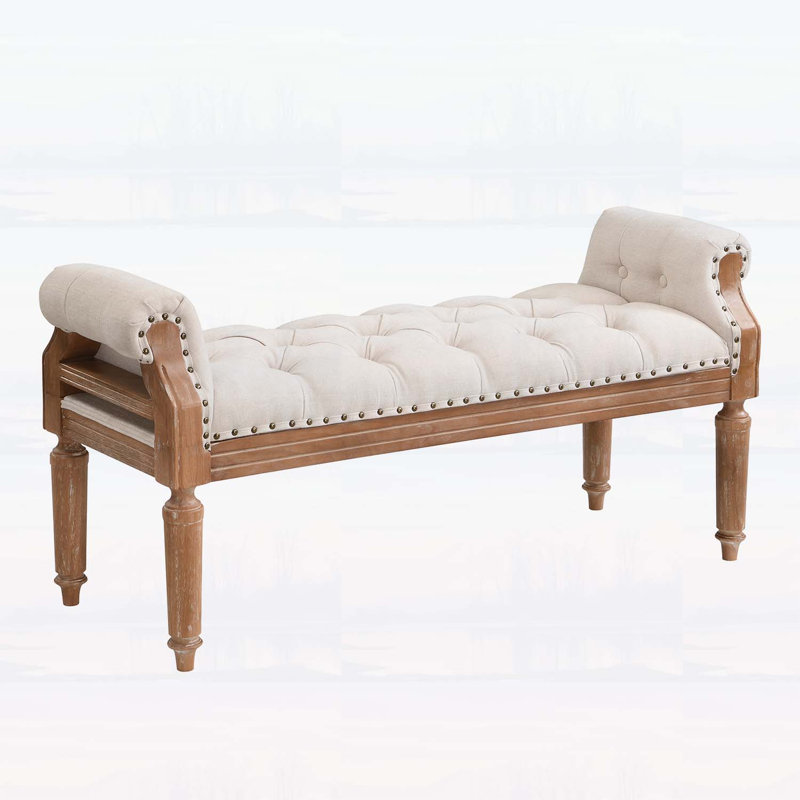 Banc rembourré en bois massif de style Mid-Century avec accoudoirs roulés, repose-pieds capitonné classique pour la chambre et le vestibule, beige