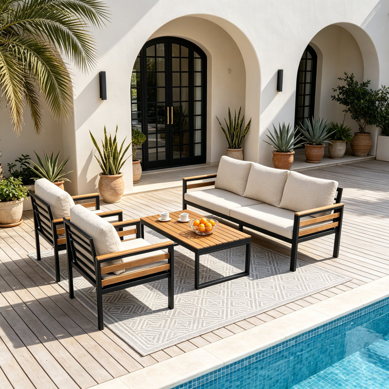 Ensemble de conversation d'extérieur 4 pièces en bois d'acacia avec coussins amovibles, canapé de patio à 5 places beige et table basse