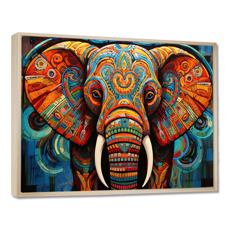Éléphant Tribal Majesty - Éléphant, art mural, H 12 po x l 20 po x P 1 po, Cadre flottant érable