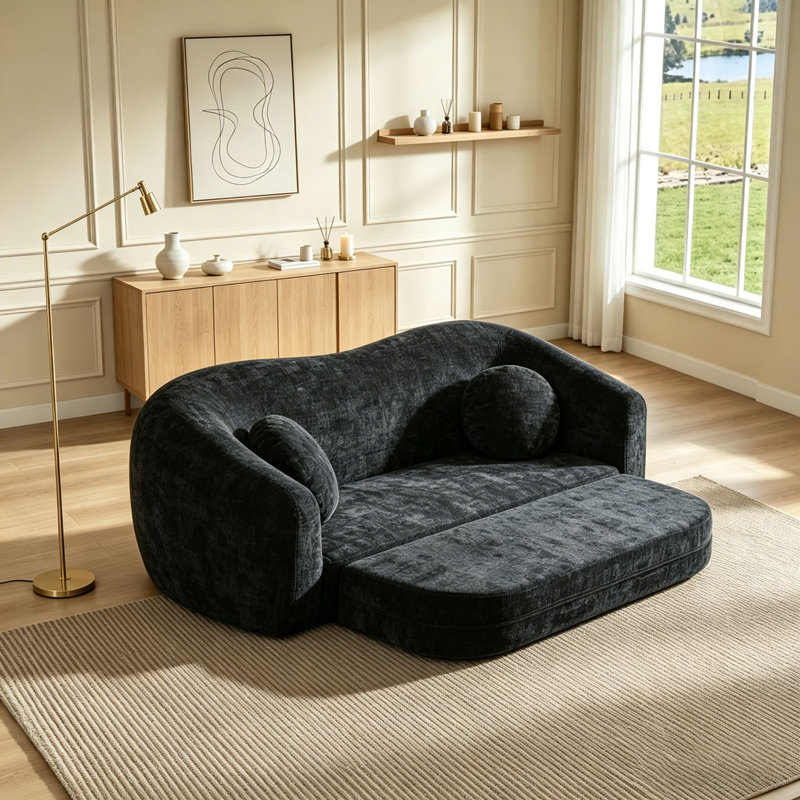 Canapé inclinable à compression courbée convertible, canapé-lit 2 en 1 escamotable, avec base escamotable et siège profond, comprend deux coussins, fauteuil inclinable en chenille deux places