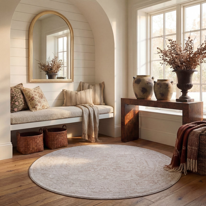 Calidia Oriental Cream/Ivory Area Rug, Round 6'7"