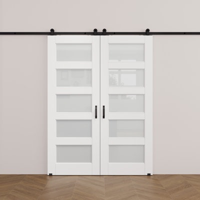 Pre-Finished White 5-Lite Frosted Glass Sliding Barn Door With Easy-Install Installation Hardware Kit/No Assembly Required, Double Door