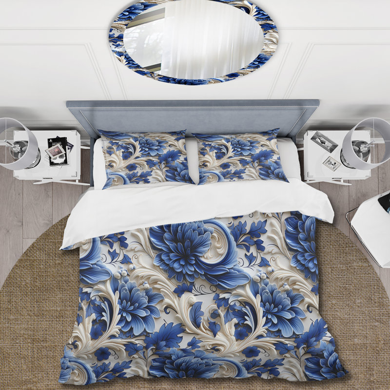 Blue Scrollwork Swirls Victorian Pattern I - Ensemble de housse de couette à motif floral