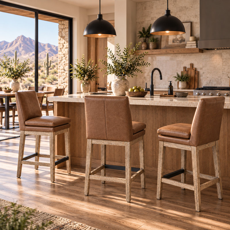 Bethea Genuine Leather Counter Stools, Marseille Saddle, 3