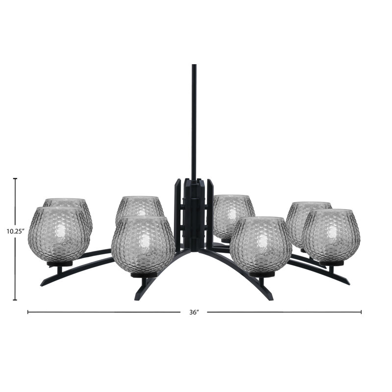 Lustre 8 lumières kurve au fini noir mat avec verre texturé de 6 po, Fumée