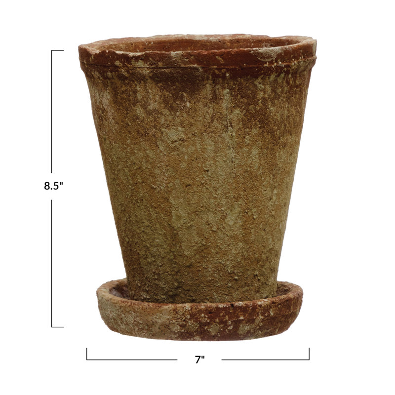 Hillengas Round Cement Planter with Saucer and Distressed Finish, 8.63" H x 7.13" W x 7.13" D