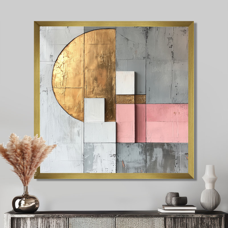 Motif géométrique abstrait géométrique doré rose et gris, Reproduction encadrée d'une seule photo, H 16 po x l 16 po, Or