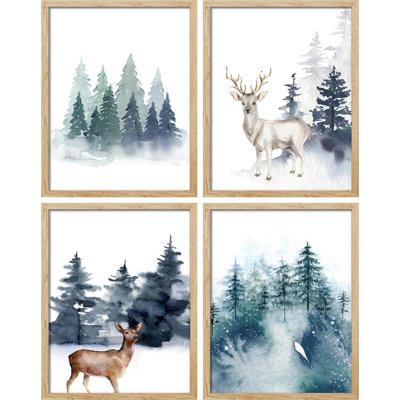 " Pastel Christmas Reindeer Deer Moose Forest " 4 - Pieces