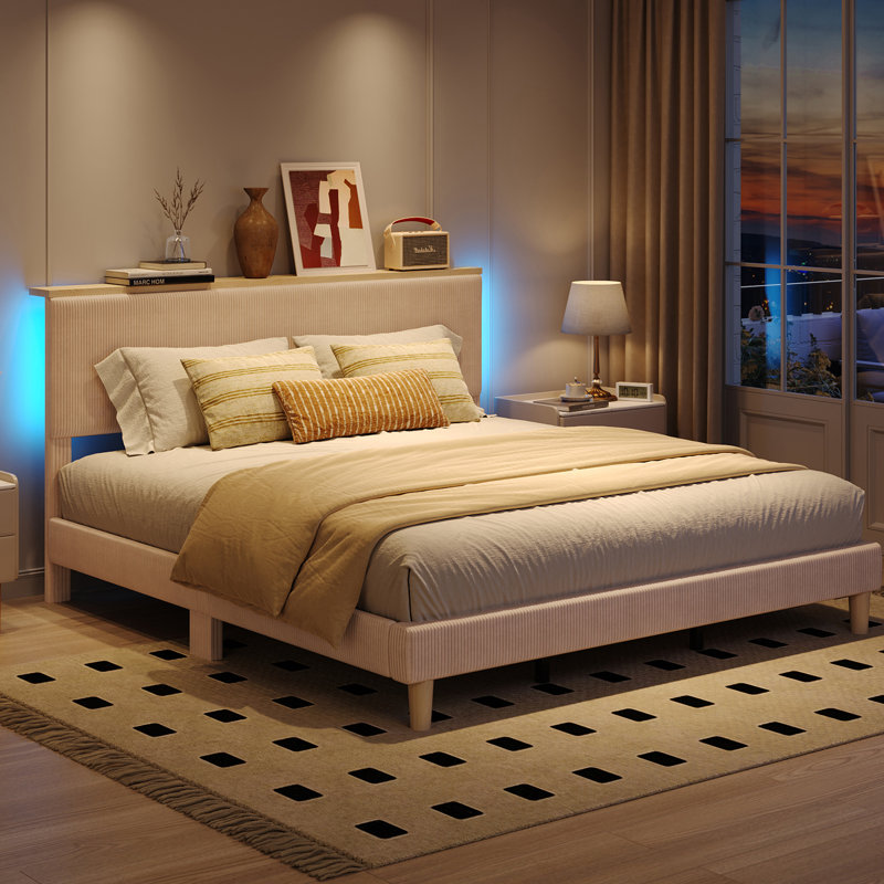 Lit plateforme tapissier Abe avec tête d'éclairage DEL, Double, Taupe