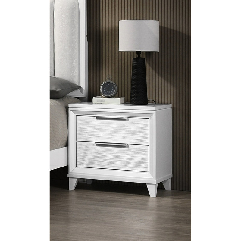 Table de chevet blanche moderne à 2 tiroirs avec finition texturée, pièce de rangement contemporaine pour chambre à coucher, hauteur moderne de 26,3 po, blanc, tiroir, table de chevet, style, pièce en bois