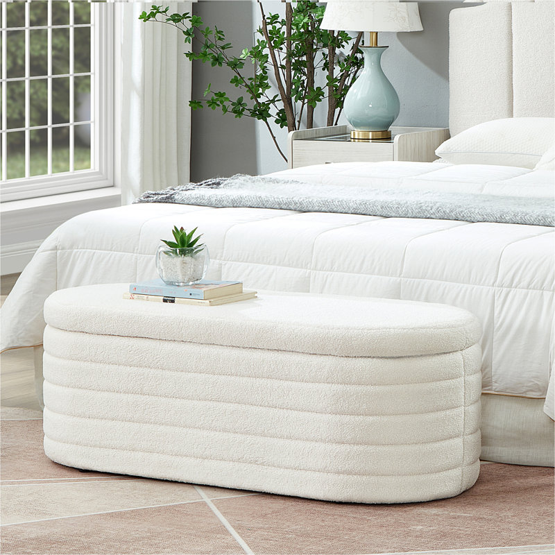 Cream White Upholstered Oval Storage Ottoman Bench