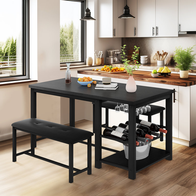 Ensemble de salle à manger 3 pièces L 47,2 po x l 28,7 po rectangulaire avec porte-bouteilles et banc rembourré, Noir, Noir