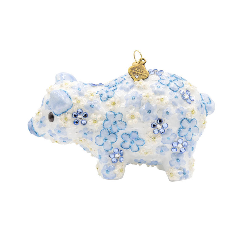 Ornement cochon bleu floral, Bleu / blanc / argent / or