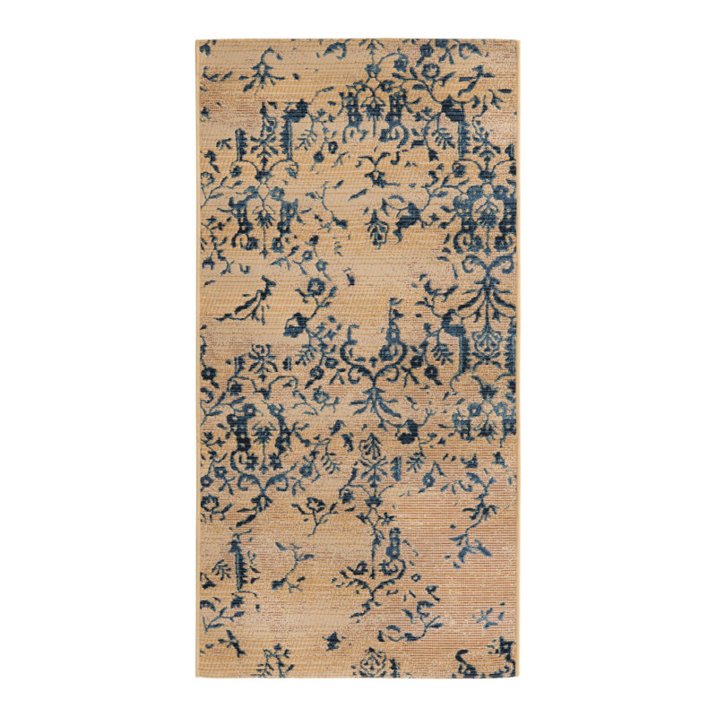 Tapis intérieur / extérieur à motif floral beige / bleu Newt, Tapis de couloir 2 pi 7 po x 5 pi 3 po