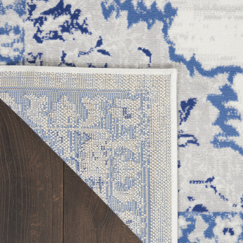 Tapis ivoire / bleu en polypropylène tissé à la machine Ikat, Tapis de couloir 2 pi x 8 pi