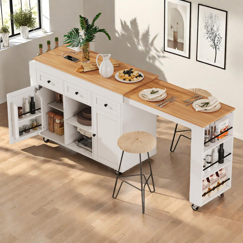 85.5" Kitchen Island with Expandable Dining Table and Storage Features, White
