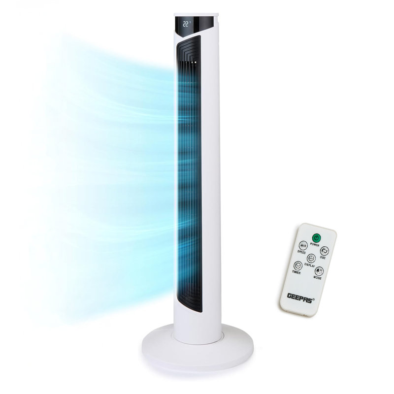 GEEPAS 37" Tower Fan with Remote Control | Bladeless Oscillating Cooling Digital Touch Display, 3 Speed Levels 4 Wind Modes With 12H Timer | Electric Standing Air Circulator for Home Office, 45W