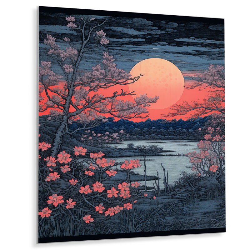 «Pink Sunset Blush Flowers By Evening River», art mural plage et océan, Métal métal, H 20 po x l 12 po x P 1 po
