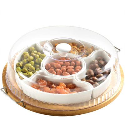 Ceramic Divided Serving Dishes Platter With Clear Lid, 11 Inch Bamboo Appetizer Tray With Handles 5 Removable Snacks Bowls Relish Tray For Candy And Nut, Chips And Dips, Veggies