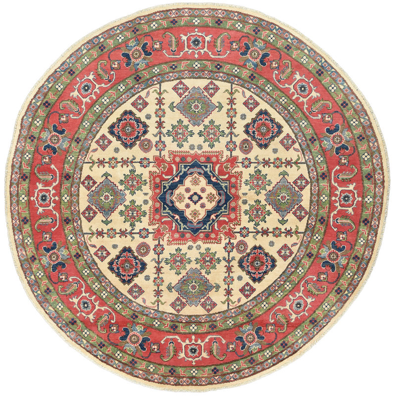 Tapis oriental en laine noué à la main beige, Rond 7 pi 10 po