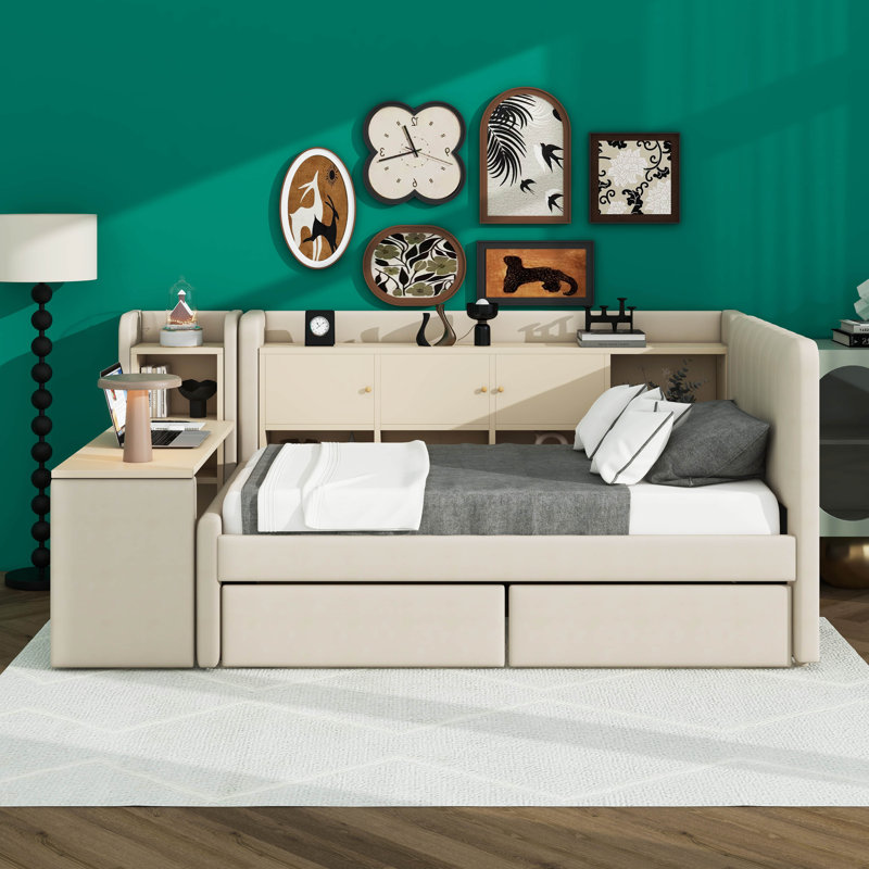 Upholstered Daybed Twin Size With Flip Cabinets & Side Table/Desk, 2 Drawers And Shelve