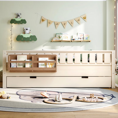 Lit double avec étagères intégrées, petit escalier, rails de sécurité et lit gigogne - Idéal pour les chambres d'enfants, beige