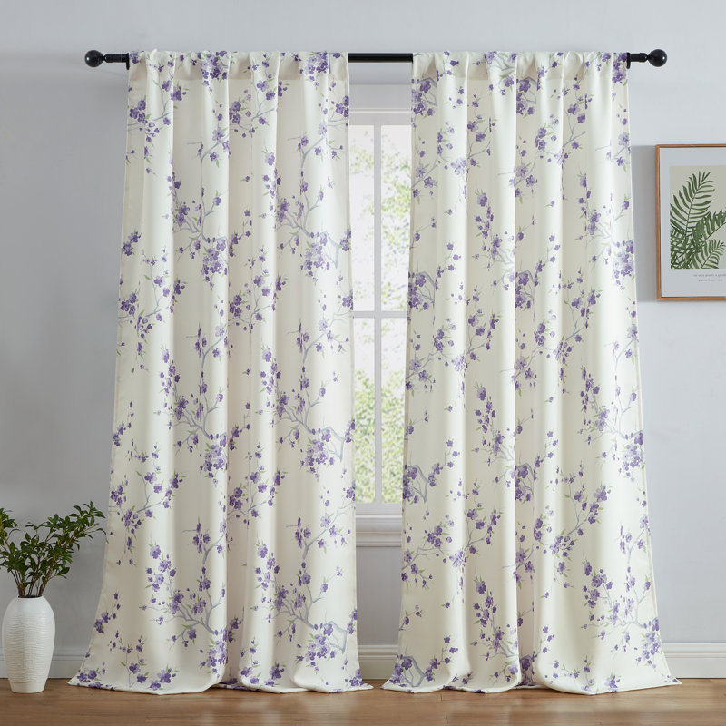 Dorcia Floral Light Dimming Rod Pocket Window Curtain Panels Set for Bedroom, Purple, 52" W x 72" L