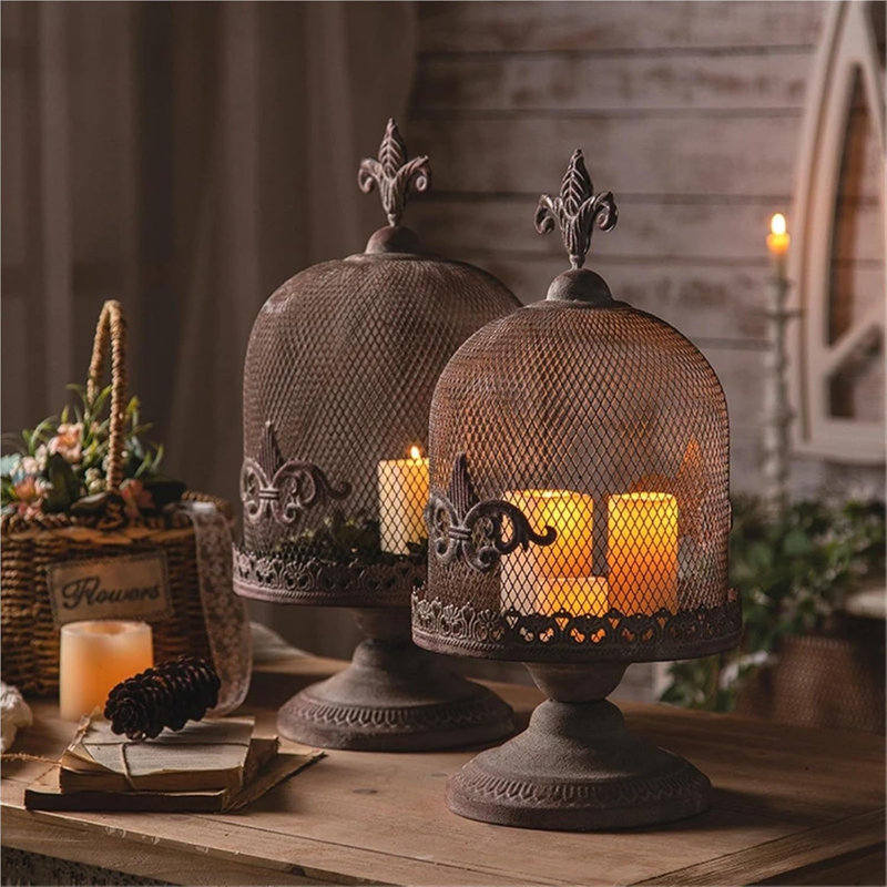 Vintage Mesh Metal Cloche Candle Holder, Decorative Birdcage Style Candle Lantern with Pedestal Base, Antique Tabletop Candleholder for Wedding, Farmhouse & Rustic Home Decor
