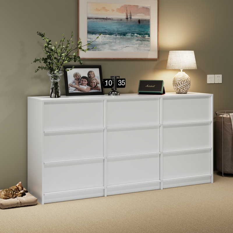 63" W 9 Dresser Drawer For Bedroom, Wood Drawer Dresser With Pull Handle, White