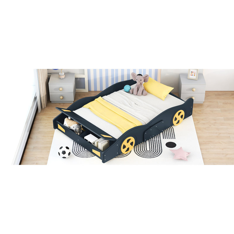 Race Car-Shaped Full Size Bed With Storage - Dark Blue + Yellow Robust Construction For Bedroom Use Car Platform & Use, Comfort And