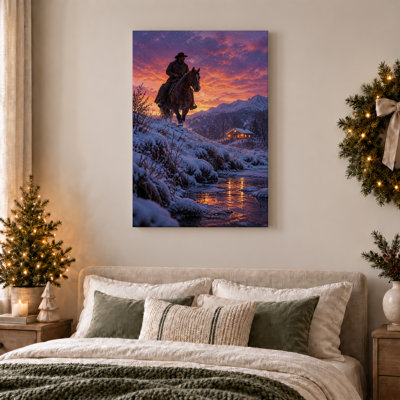 «Cowboy on Horse in Snowy Mountains at Sunset Christmas», art mural sur toile