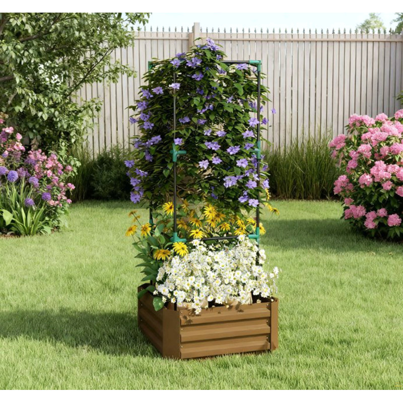 Lit de jardin, jardin surélevé, jardinière galvanisée avec cage pour vignes grimpantes, Brun